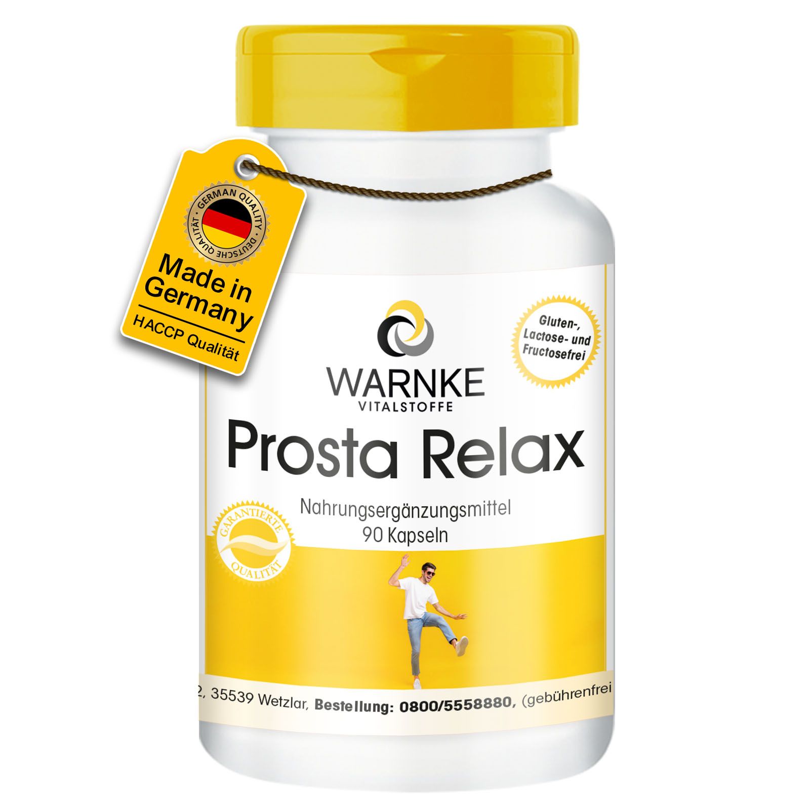 Weiße Flasche mit gelbem Etikett. Aufschrift "Prosta Relax". "Made in Germany"-Siegel. 90 Kapseln.