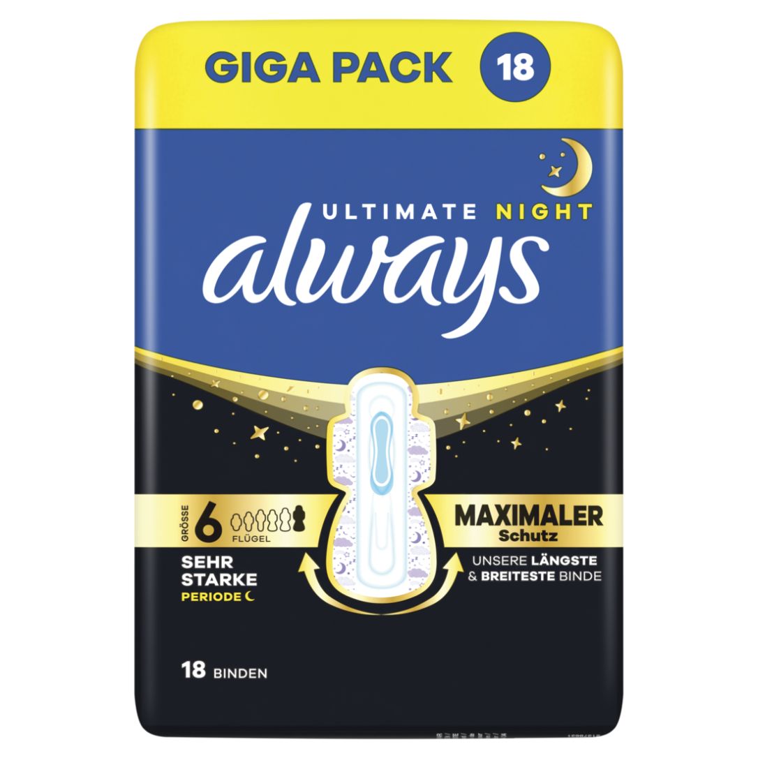 Always Ultimate Night, Größe 6, Giga Pack mit 18 Stück. Maximaler Schutz.