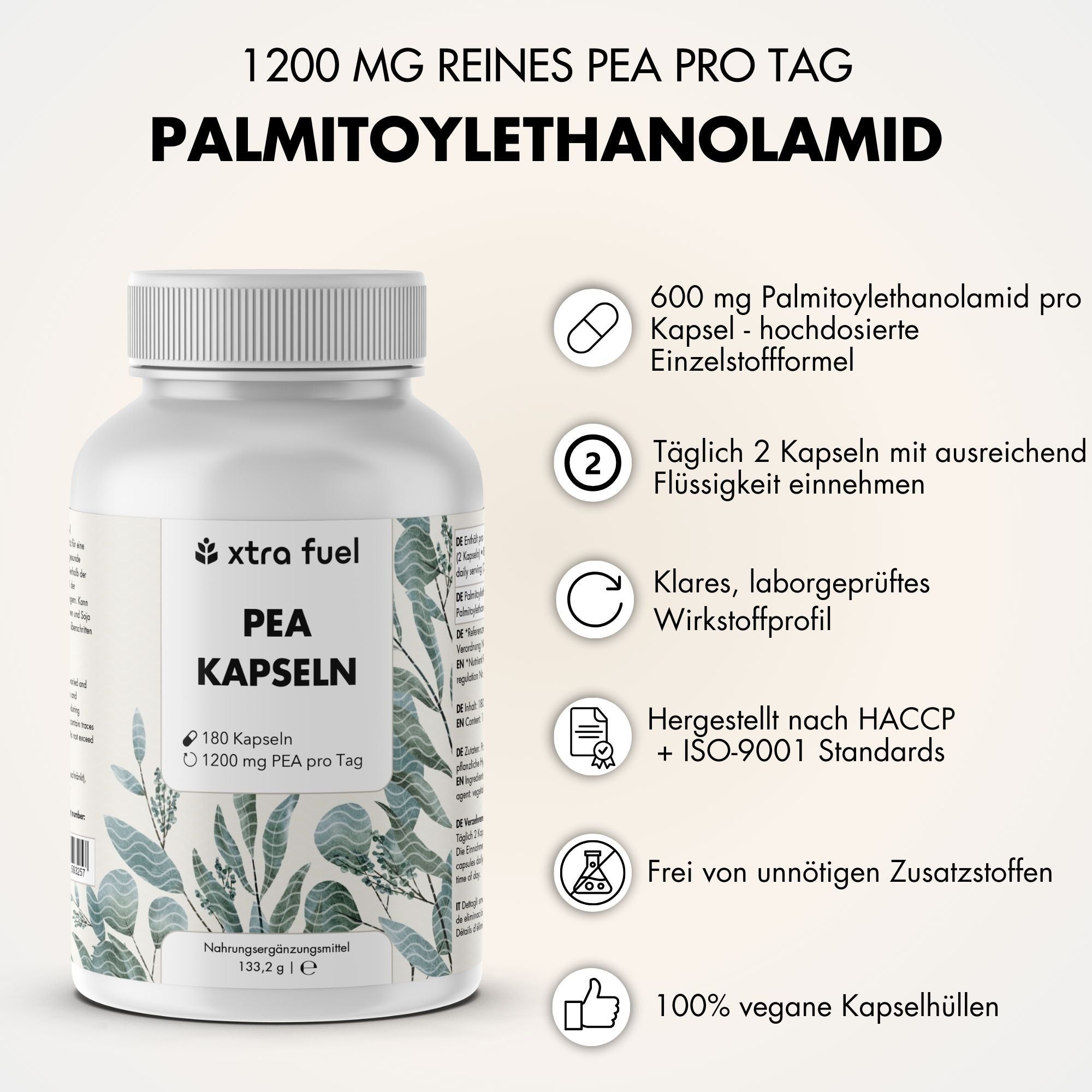 Produktinformationen: XTRA FUEL PEA Kapseln. 180 Kapseln. 1200 mg PEA pro Tag. 600 mg Palmitoylethanolamid pro Kapsel.