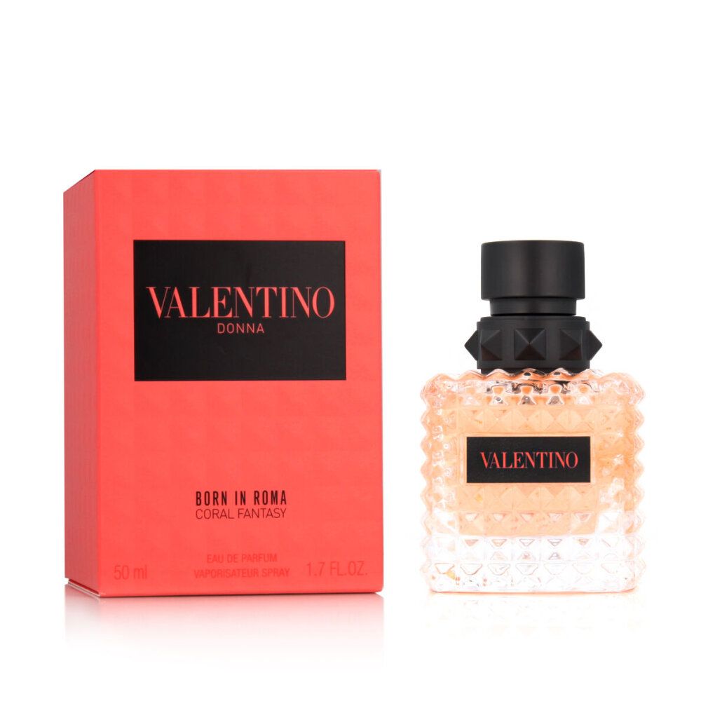 Valentino Born in Roma Coral Fantasy EDP. Flakon und Verpackung in Koralle. Schwarzer Verschluss. Schwarzes Etikett mit Schriftzug.