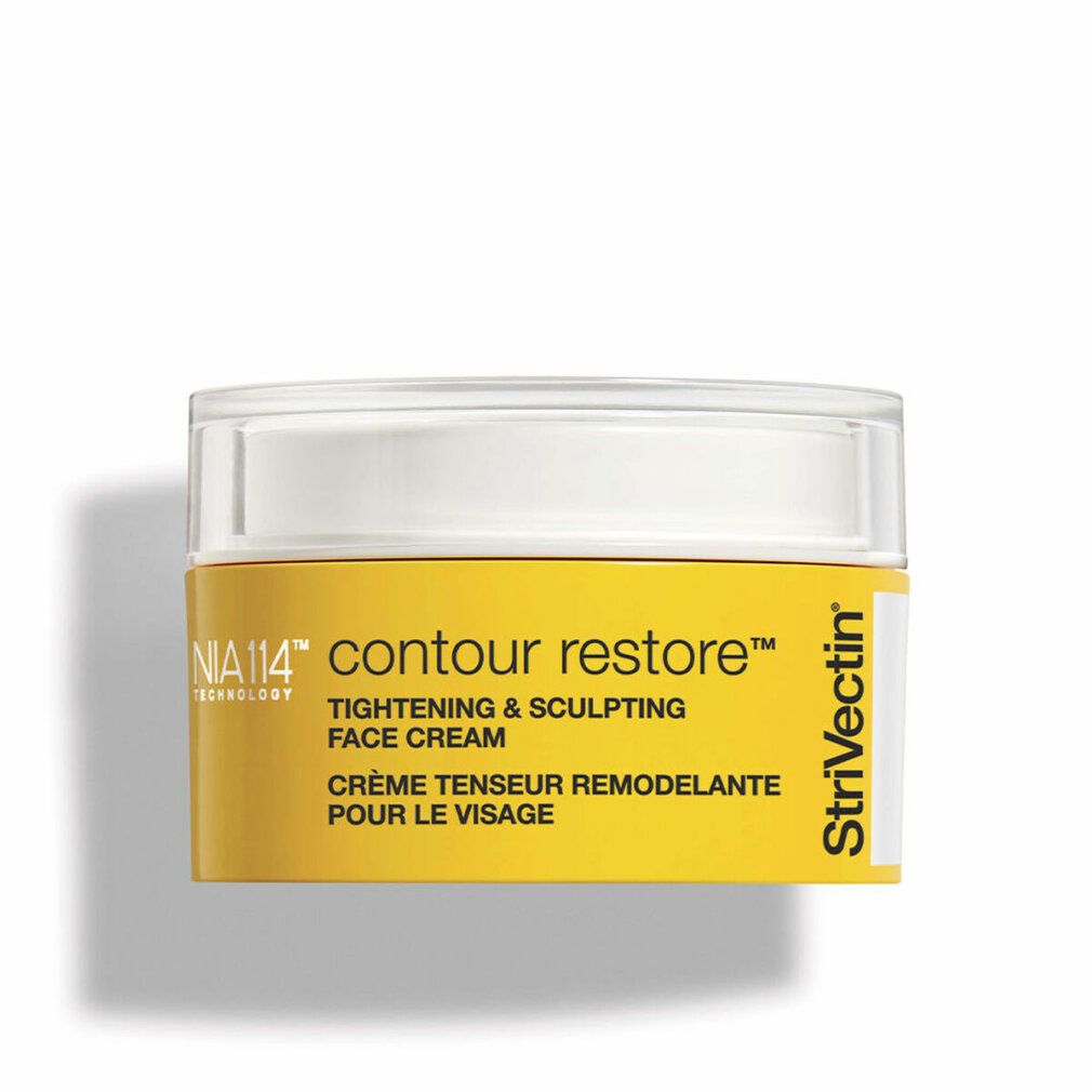 Gelbe Tiegel mit weißem Deckel. Aufschrift: "contour restore" und "TIGHTENING & SCULPTING FACE CREAM". Marke: Strivectin.