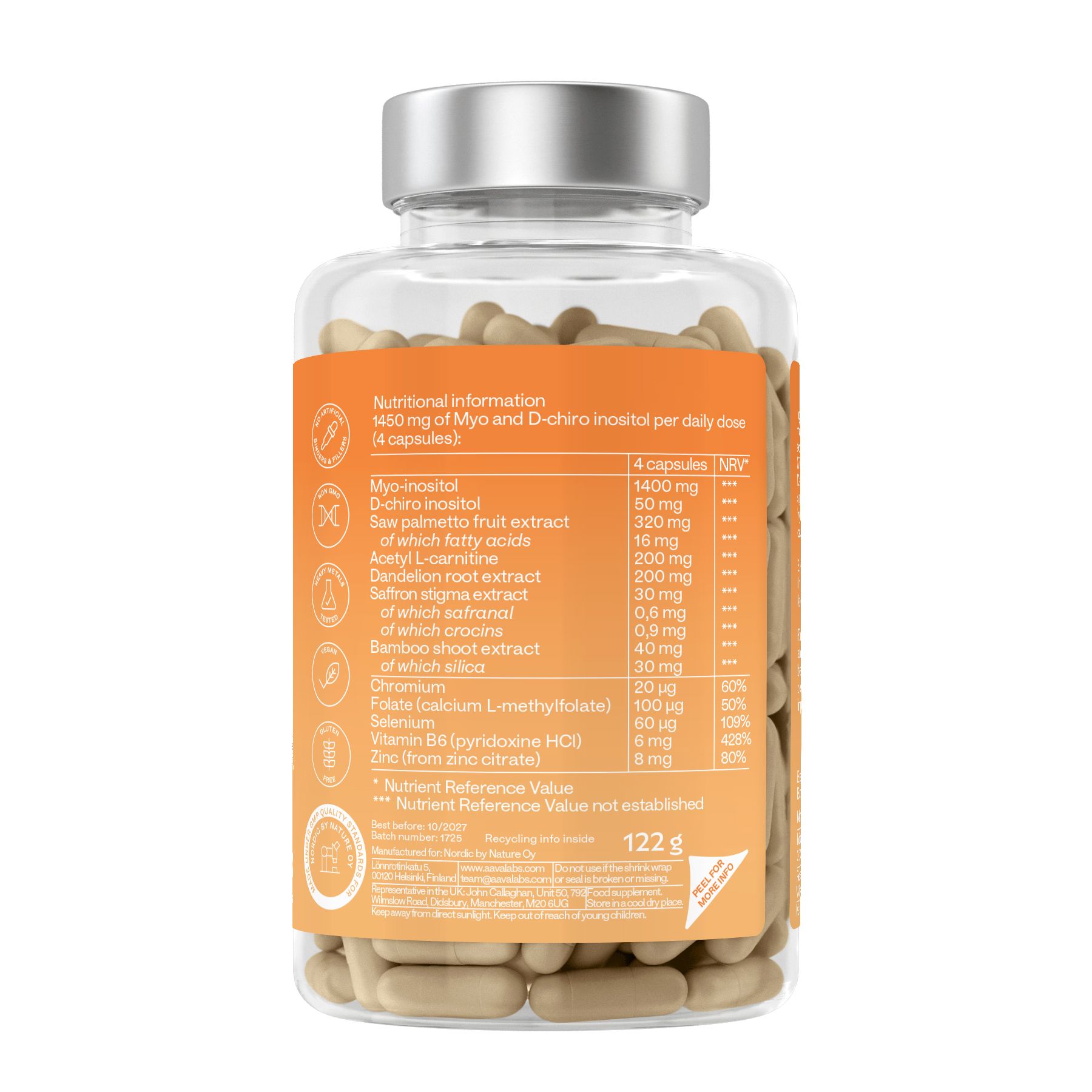 Rückseite der Flasche mit Nährwertangaben. Enthält 122 g. Angaben zu Myo-Inositol und D-Chiro-Inositol.