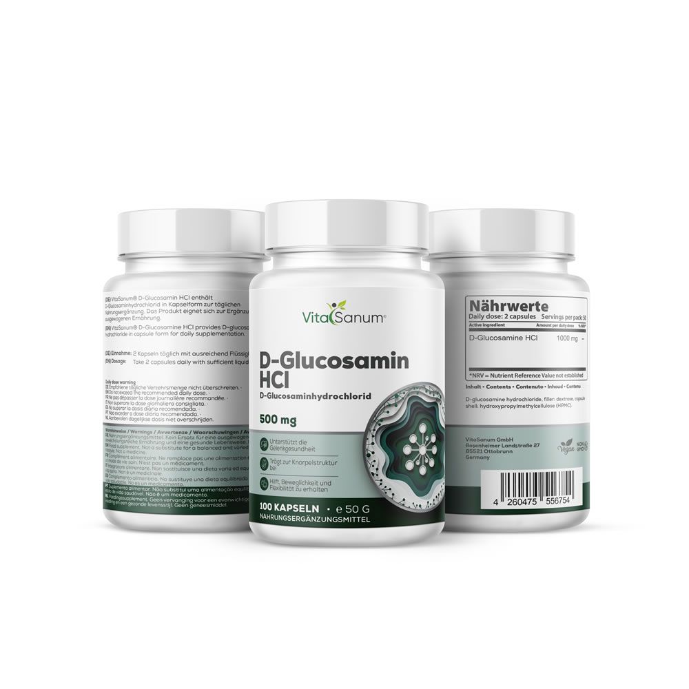Drei weiße Flaschen VitaSanum D-Glucosamin HCl. Aufschrift: 500 mg, 100 Kapseln. Grün-weiße Etiketten mit Produktinformationen.