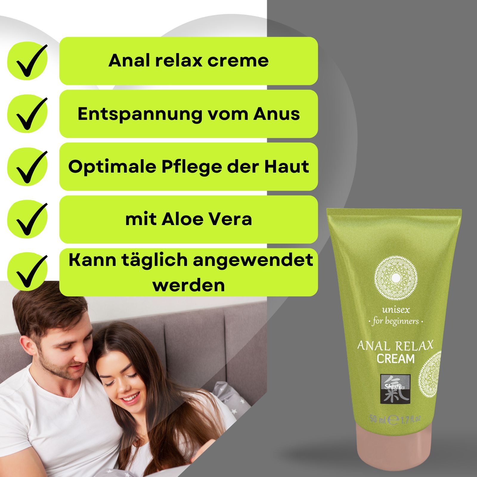 Grüne Tube und Schachtel. ANAL RELAX CREAM, unisex for beginners. Logo. 50 ml. Text: Anal relax creme, Entspannung vom Anus.