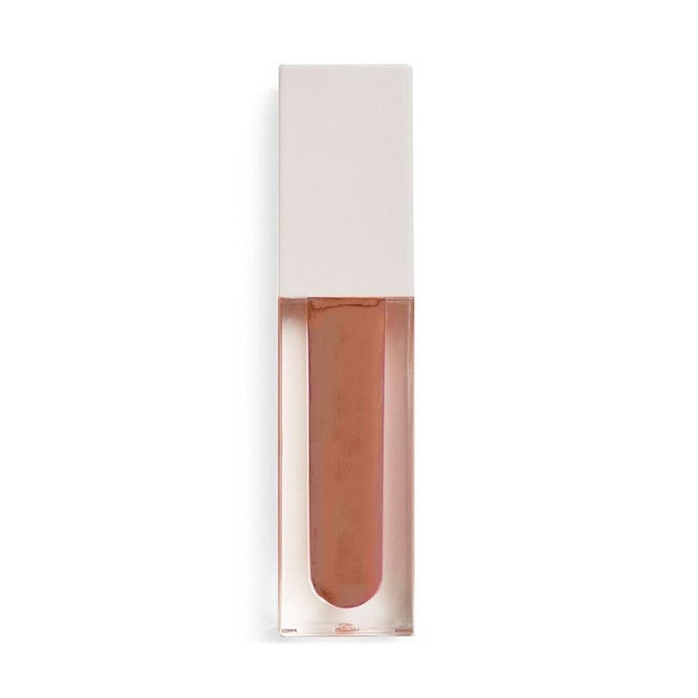 Transparente Lipgloss-Tube mit weißem Deckel. Der Inhalt ist bräunlich. Rechteckige Form.