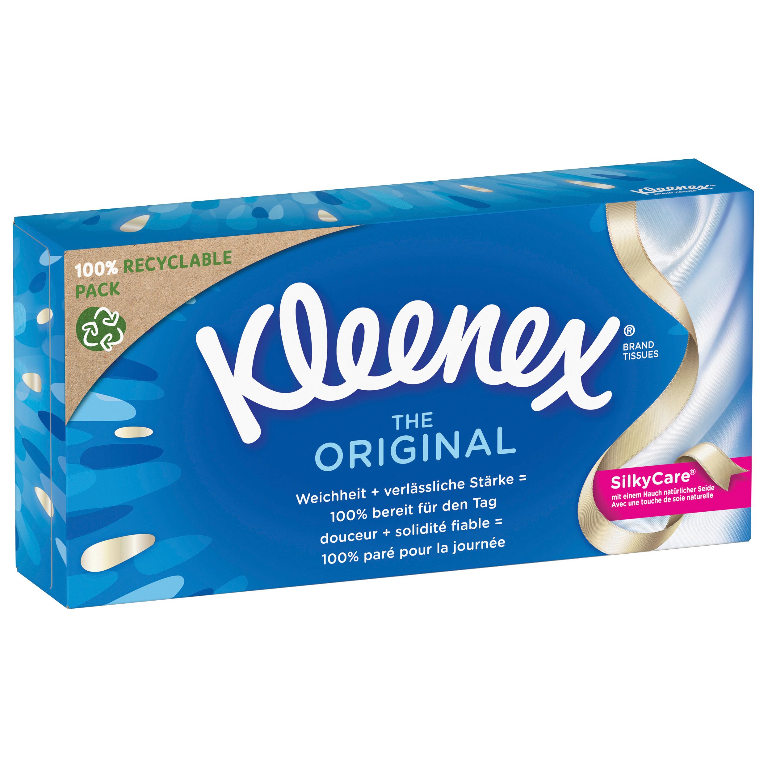 Kleenex Original Taschentücher-Box, schräg. Blaue Box mit weißem Logo und Text. 100% recycelbar. SilkyCare.