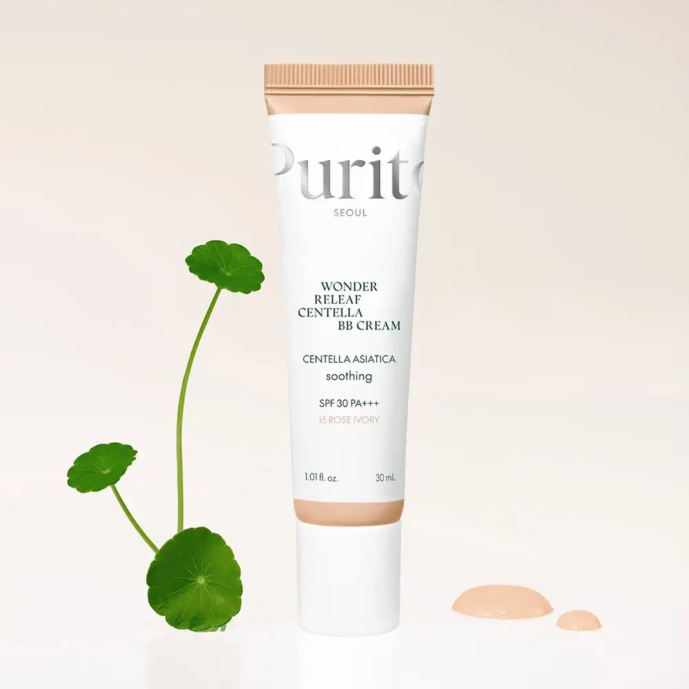 Tube BB Cream mit Centella-Blatt. Marke Purito, Text: Wonder Releaf Centella BB Cream, SPF 30 PA+++, Farbton Rose Ivory.