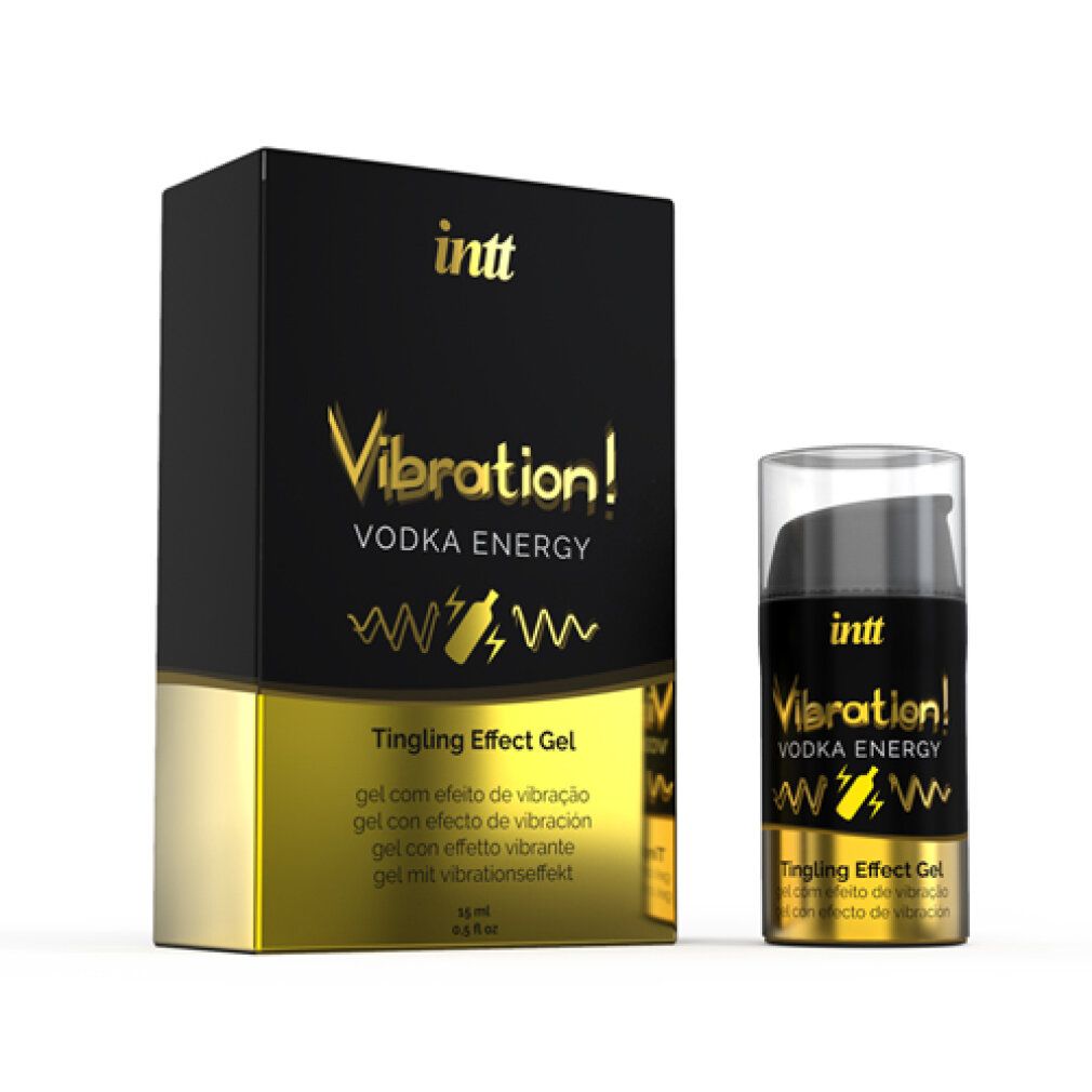 Schwarze Schachtel und Flasche. Aufschrift: INTT, Vibration! Vodka Energy, Tingling Effect Gel. Goldene Akzente.
