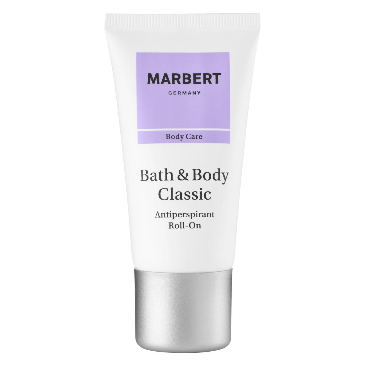 Weißer Roll-On mit lila Etikett. Aufschrift: MARBERT, Germany, Body Care, Bath & Body Classic, Antiperspirant Roll-On. Silberner Verschluss.