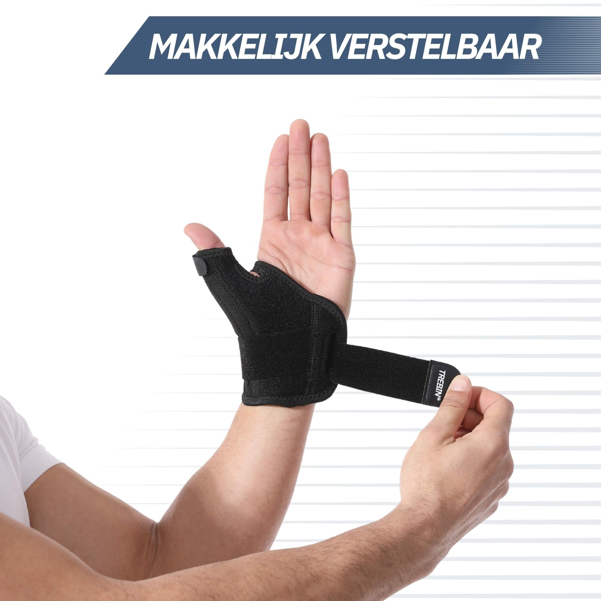Schwarze Daumenbandage mit Klettverschluss, die um das Handgelenk gewickelt wird.