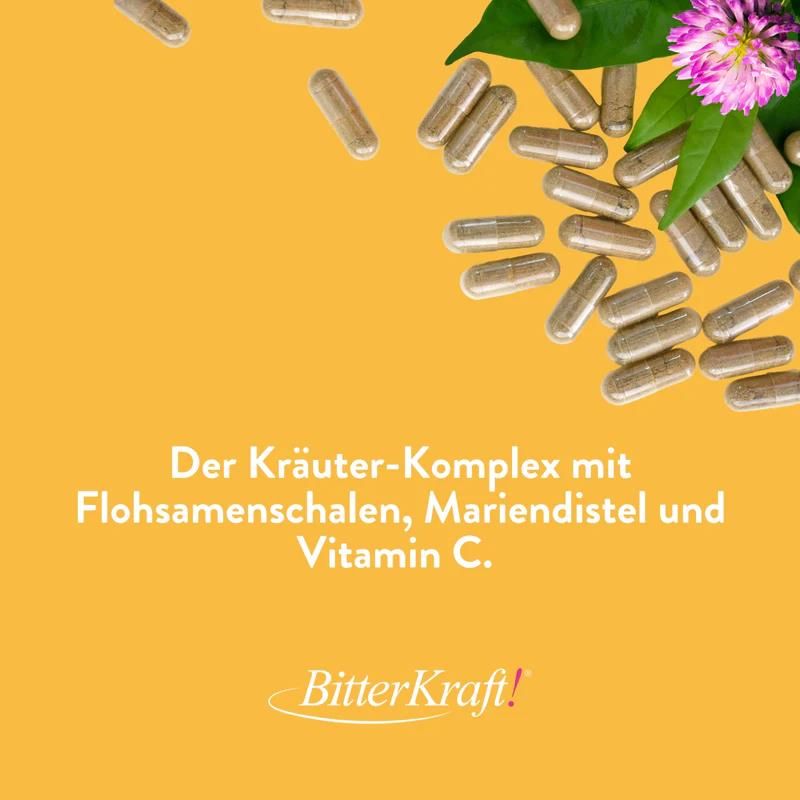 Kapseln auf gelbem Hintergrund. Text: Kräuter-Komplex mit Flohsamenschalen, Mariendistel und Vitamin C.