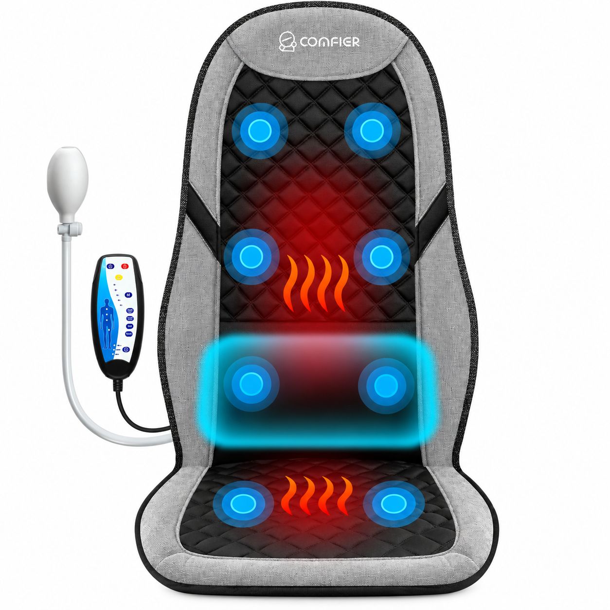 Graue Massageauflage mit Fernbedienung, 10 Vibrationsknoten und Wärmefunktion.