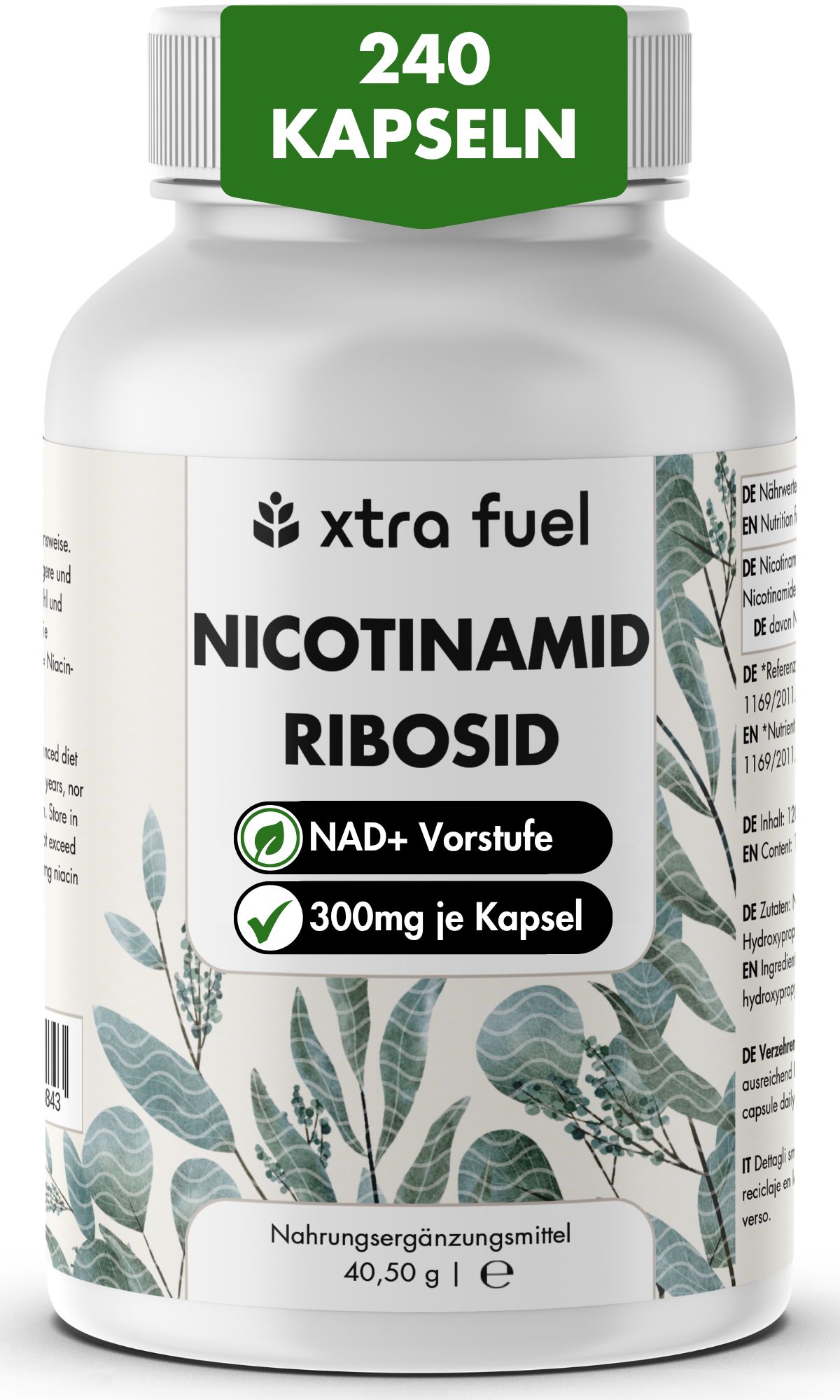 Weiße Flasche mit grüner Kapsel-Packung. Aufschrift: Nicotinamid Ribosid, NAD+ Vorstufe, 300mg je Kapsel. 240 Kapseln.