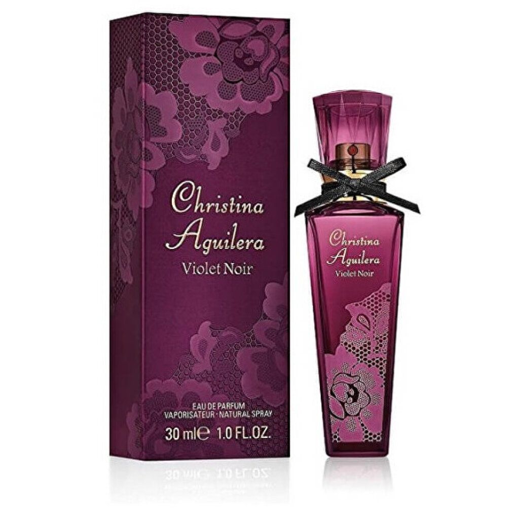 Violett-farbener Flakon und Verpackung. Schriftzug: Christina Aguilera Violet Noir. Aufschrift: 30 ml.