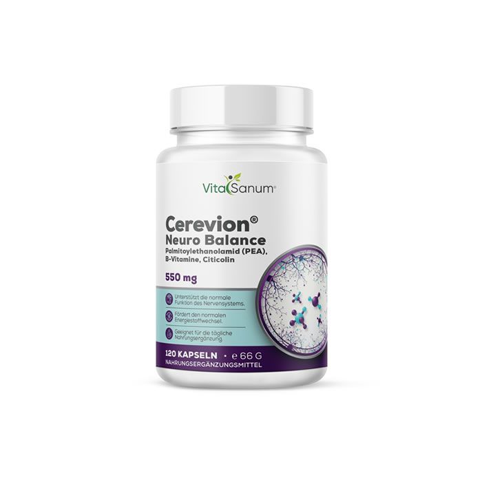 Vita Sanum Cerevion Neuro Balance Nahrungsergänzungsmittel, 120 Kapseln, 550 mg pro Kapsel.