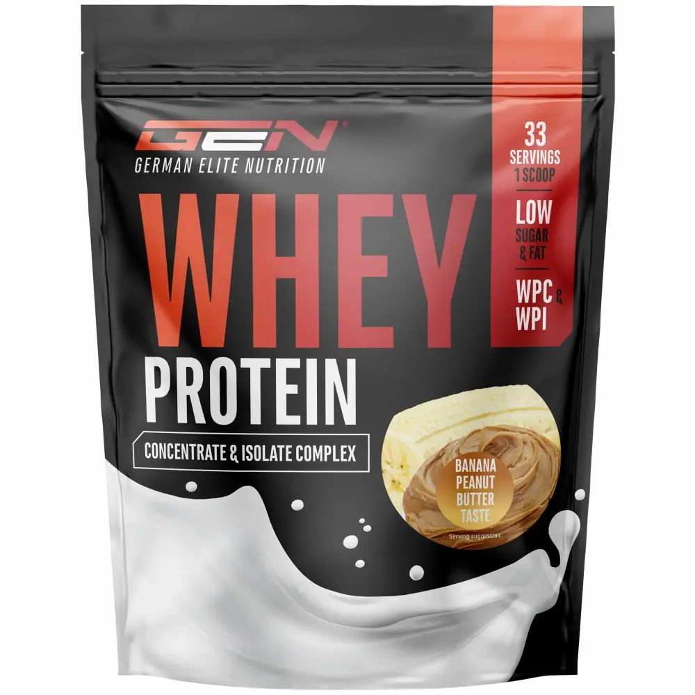 Schwarze Tüte mit rotem Schriftzug. Enthält Whey Protein Konzentrat & Isolat Komplex. Geschmack: Banane-Erdnussbutter.