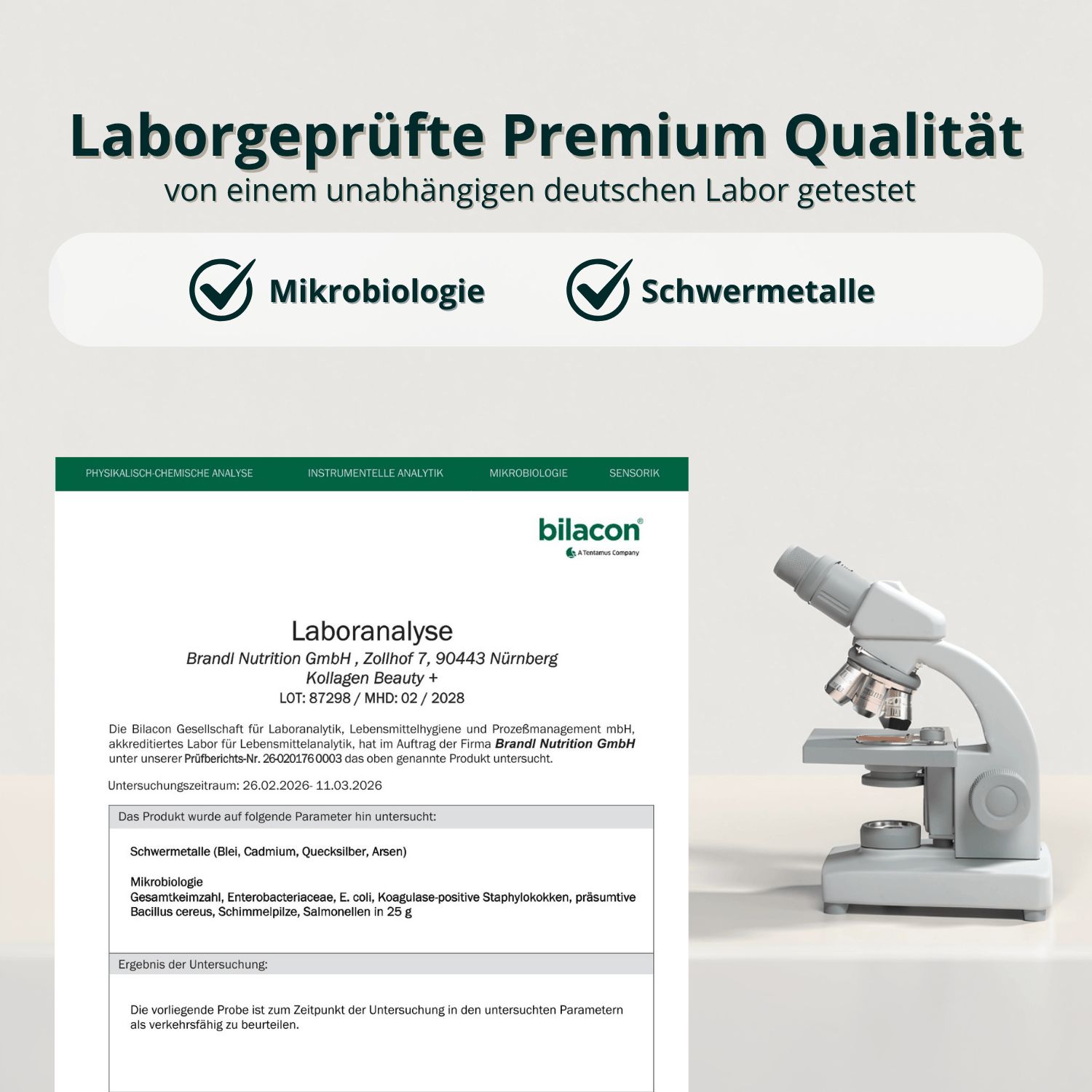 Laboranalyse-Dokument und Mikroskop. Text: Laborgeprüfte Premium Qualität. Zertifizierungen: Mikrobiologie, Schwermetalle.