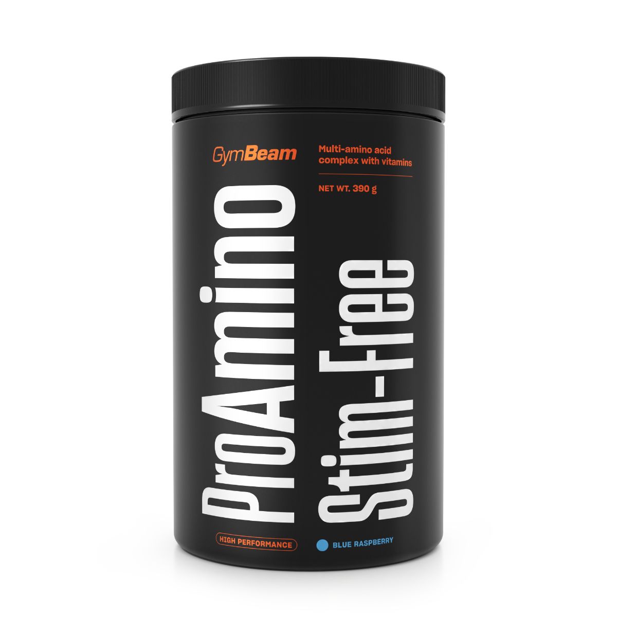 Schwarzer Behälter mit GymBeam ProAMINO Stim-Free Aminosäuren Pulver in Blau-Himbeergeschmack.