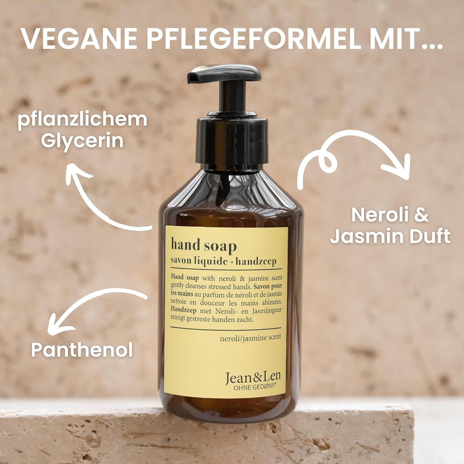 Braune Flasche Handseife mit schwarzem Pumpkopf. Beschriftung: Hand Soap, Neroli & Jasmin Duft, Jean & Len.