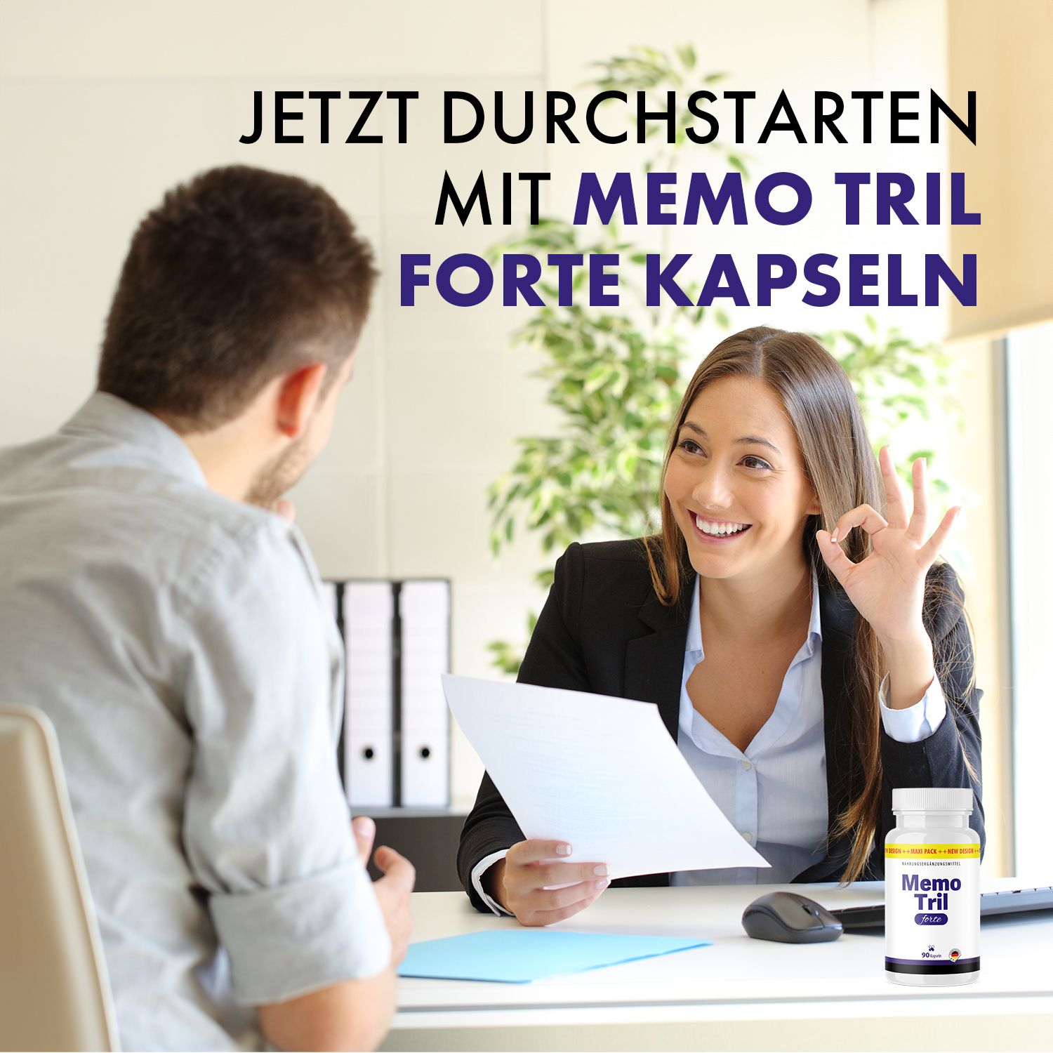 Mann und Frau am Schreibtisch. Text: Jetzt durchstarten mit Memo Tril forte Kapseln. Flasche Memo Tril forte auf dem Tisch.