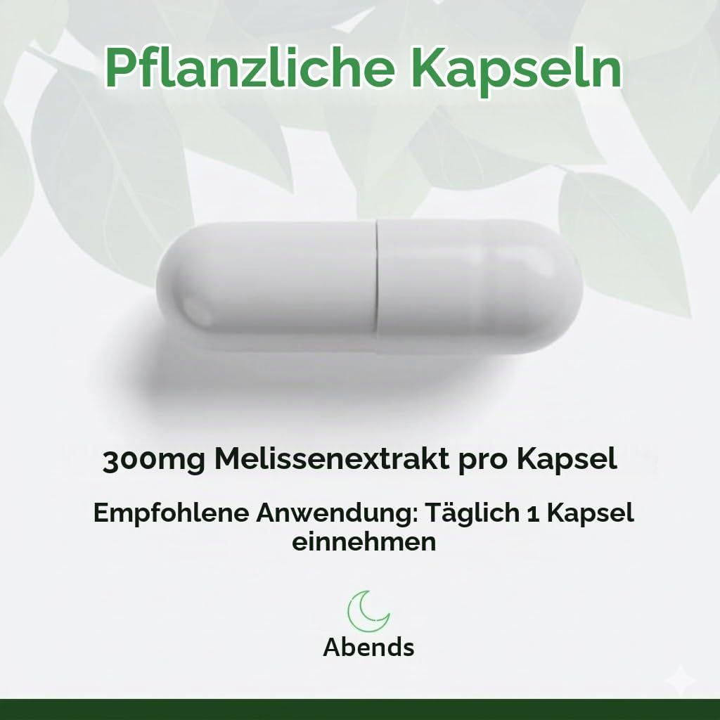 Verpackung mit 120 Kapseln Zitronenmelissenblätter-Extrakt. Enthält Symbole für Hohe Qualität, Vegan, Ohne Gentechnik, Glutenfrei und Hergestellt in der EU.