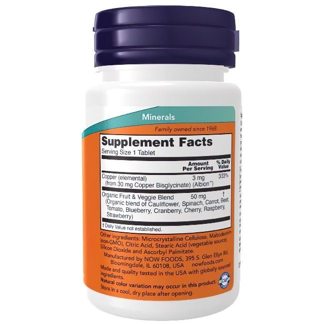 Weiße Flasche mit blauem Deckel. Etikett mit Produktinformationen: Kupferglycinat, 3 mg, 120 Tabletten. NOW Foods.