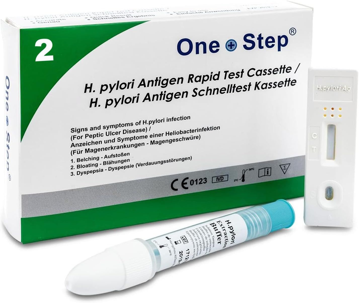 Verpackung und Testkassette. Aufschrift: One Step, H. pylori Antigen Schnelltest. Mit CE-Kennzeichnung. Enthält eine Pufferlösung.