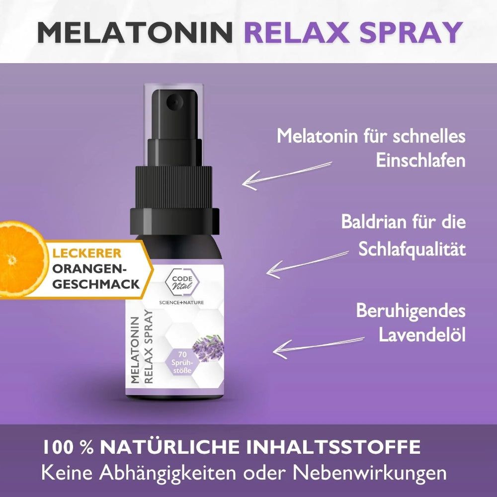 Sprayflasche. Aufschrift: Melatonin Relax Spray. Text: Melatonin, Baldrian, Lavendelöl. 70 Sprühstöße. Orangen-Geschmack.
