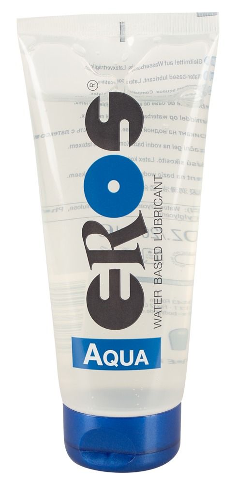 Transparente Tube mit blauem Verschluss. Aufschrift: EROS Aqua. Wasserbasiertes Gleitmittel.