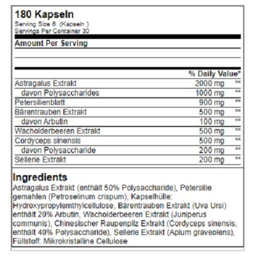 Nährwerttabelle mit Inhaltsstoffen. Auflistung von Astragalus Extrakt, Petersilienblatt, Cordyceps sinensis und weiteren Inhaltsstoffen.