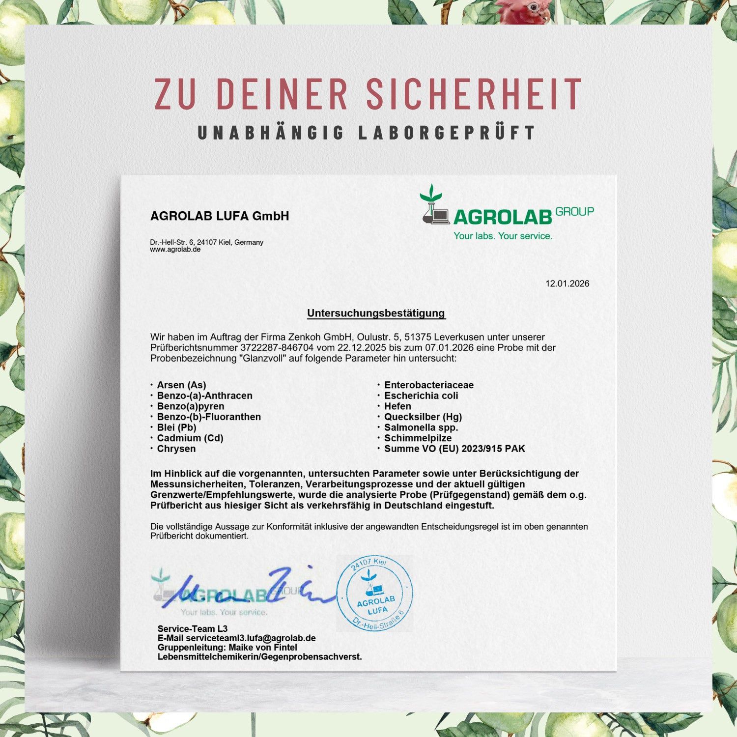 Zertifikat von AGROLAB LUFA GmbH. Text: Unabhängig laborgeprüft. Untersuchungsergebnis für Glanzvoll. Unterschriften und Stempel. Text: Zu Ihrer Sicherheit.