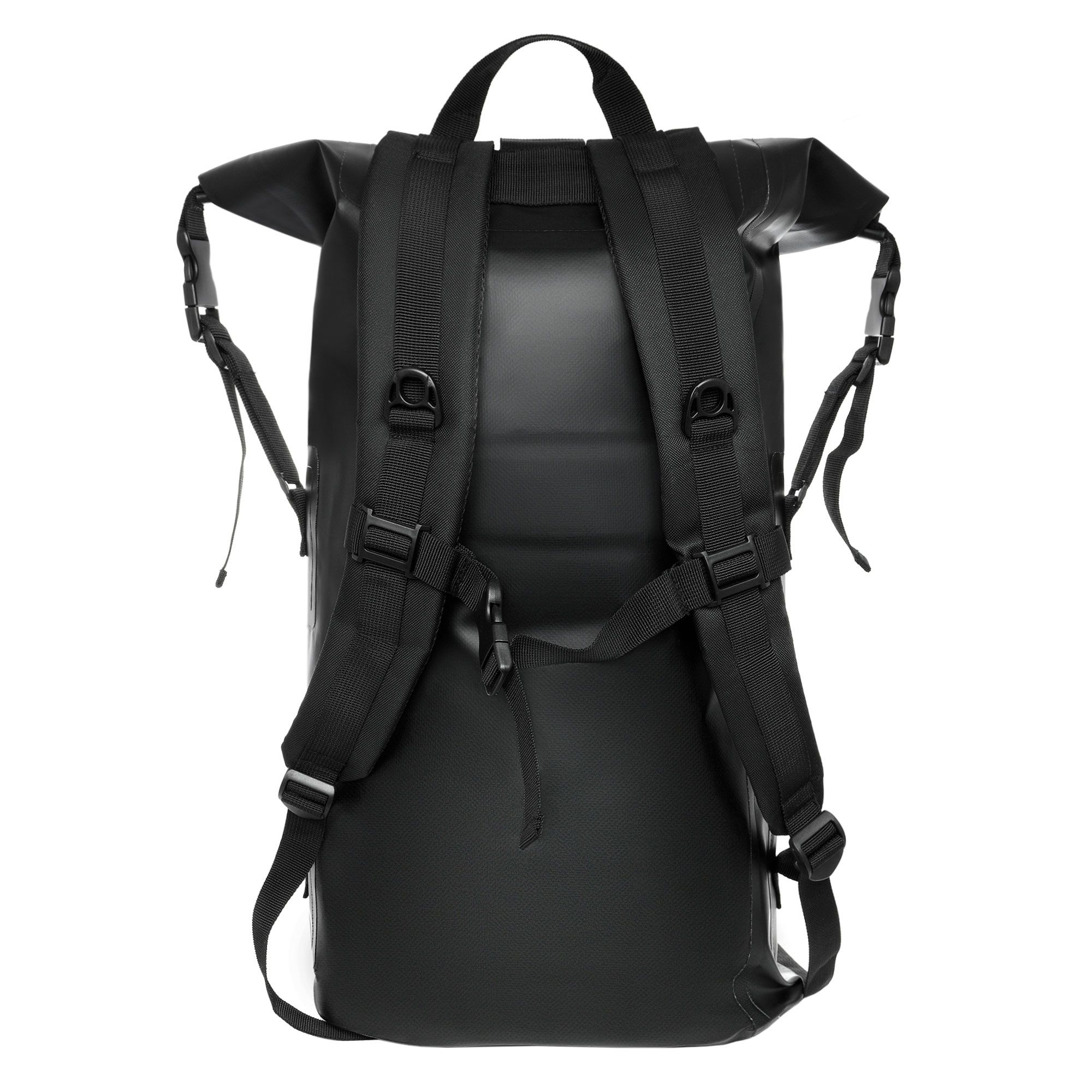 Schwarzer, wasserdichter Rucksack. Rückansicht mit gepolsterten Schultergurten und verstellbaren Schnallen.