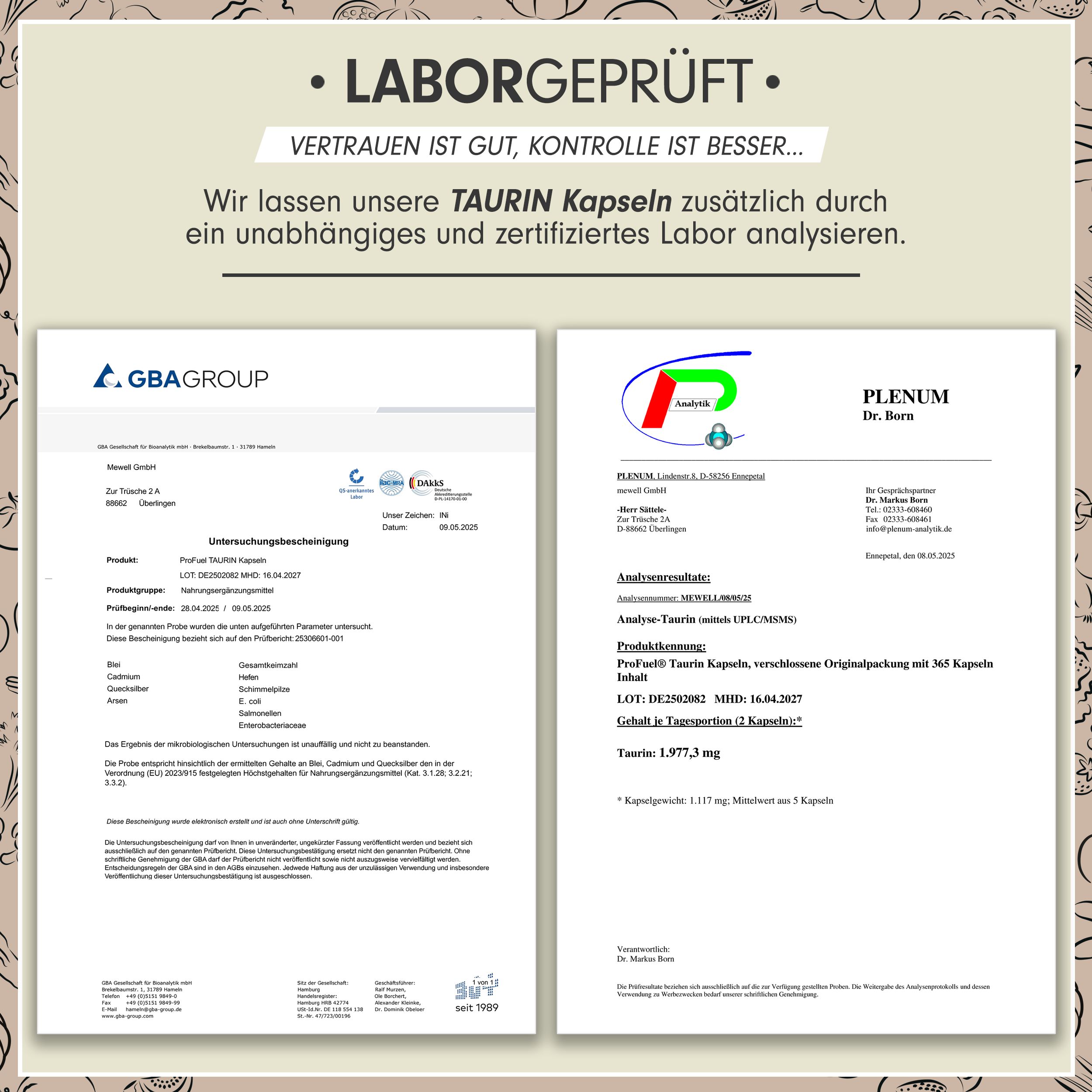Zwei Laborzertifikate. Text: Laborgeprüft. Vertrauen ist gut, Kontrolle ist besser. Analyse von Taurin Kapseln. Zertifikate von GBA Group und Plenum Dr. Born.