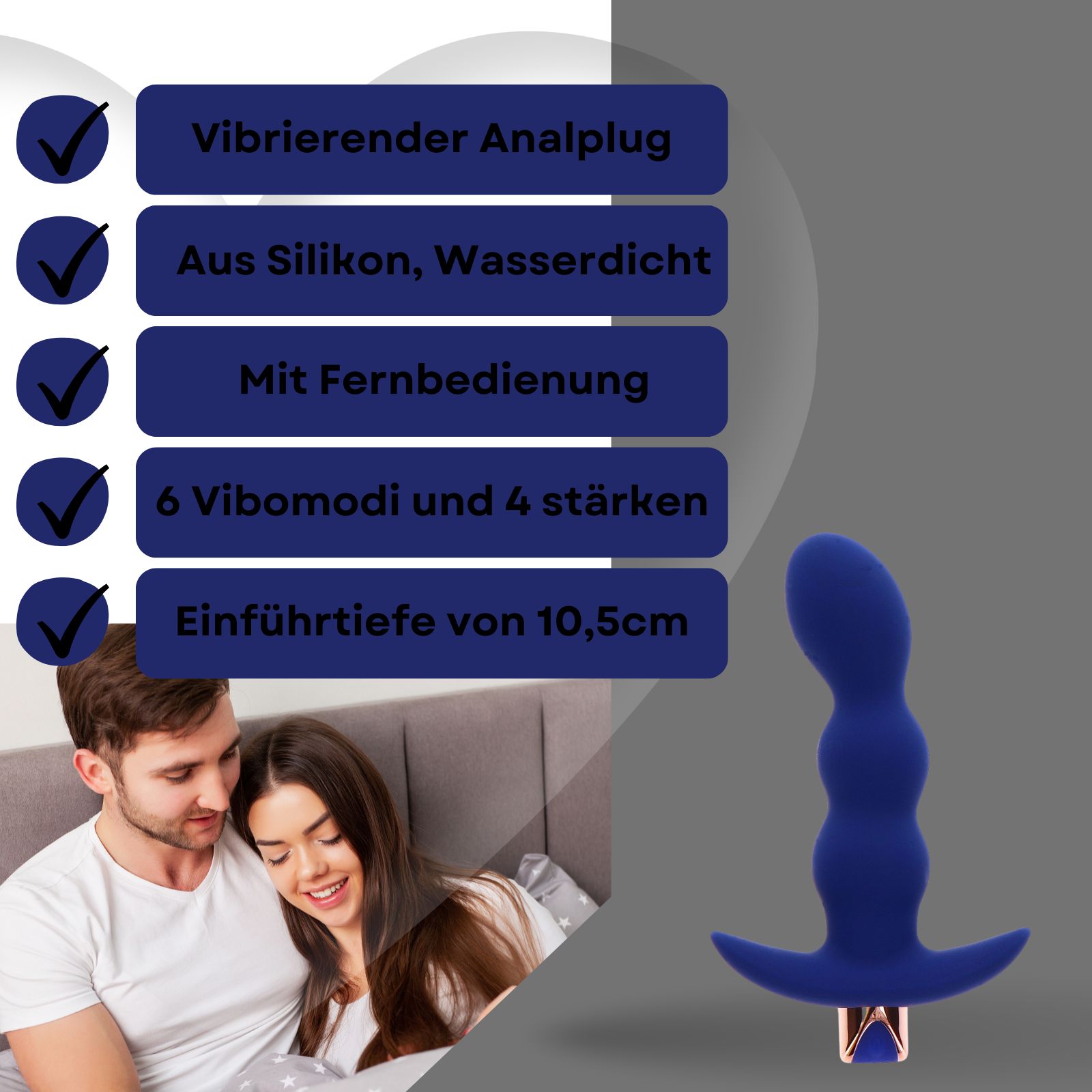 Blauer Analplug mit Fernbedienung. Text: Vibr. Analplug, Silikon, wasserdicht, Fernbedienung, 6 Modi, 10,5cm Tiefe.