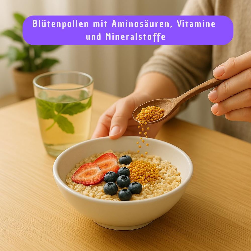 Person gibt Blütenpollen auf Haferflocken mit Beeren. Glas Wasser mit Minze.
