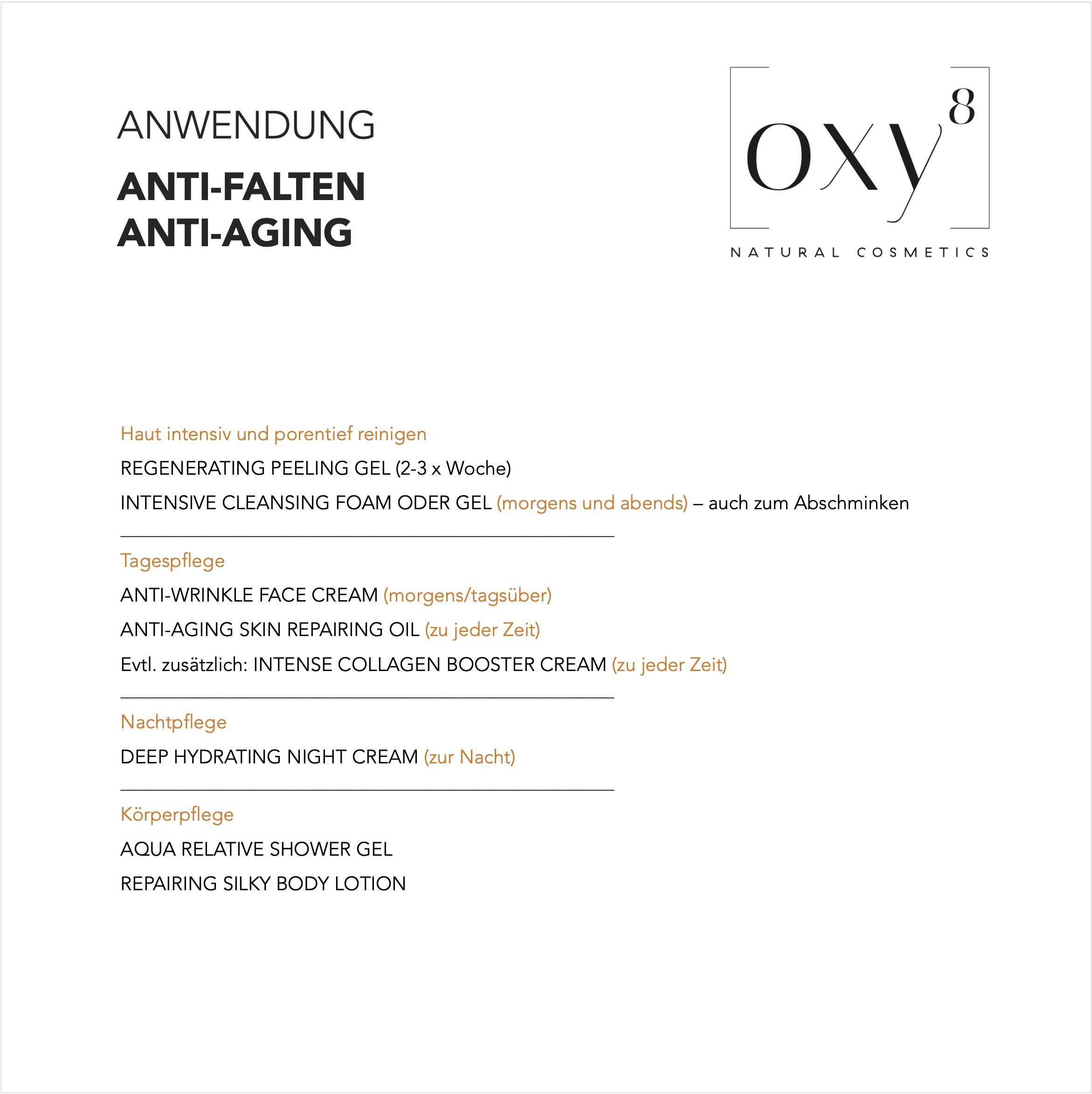 Anwendungshinweise für Anti-Falten- und Anti-Aging-Produkte. Oben rechts: Logo von oxy8 Naturkosmetik.