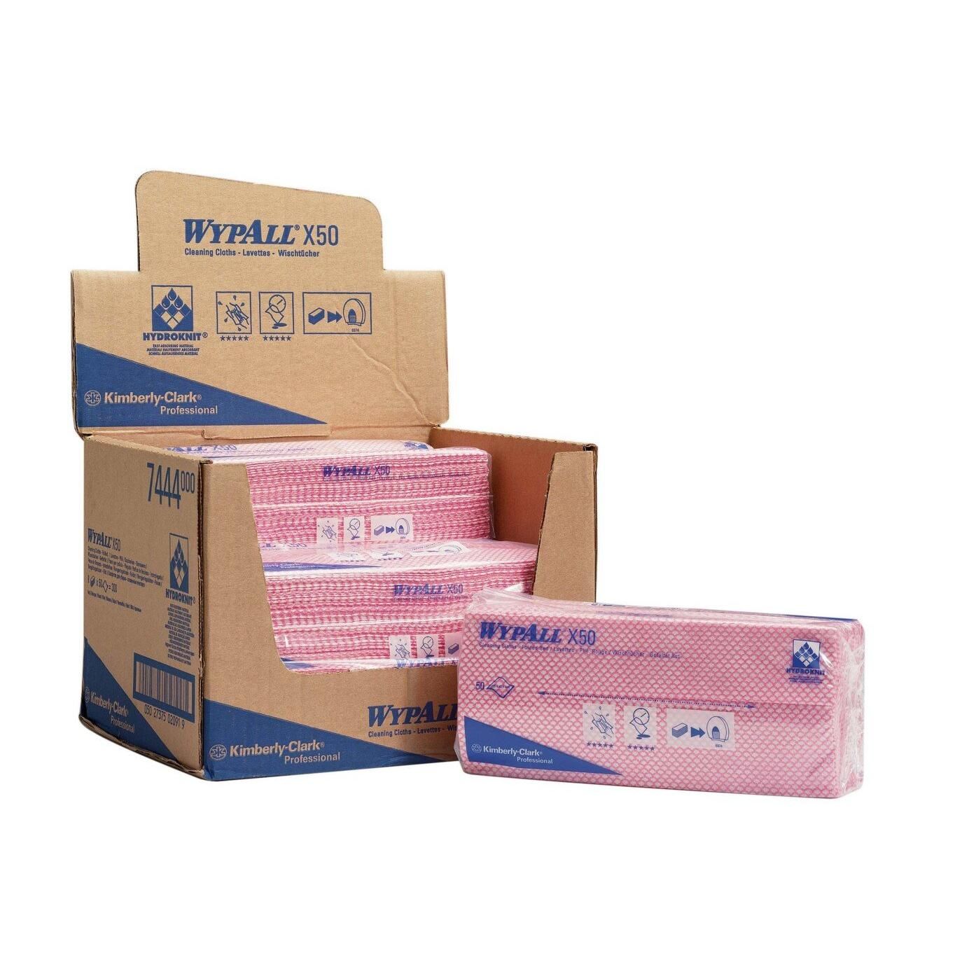 Karton mit rosa Wischtüchern. Aufdruck: WypAll X50, Kimberly-Clark Professional. Karton mit Produktstapel und einzelner Packung.