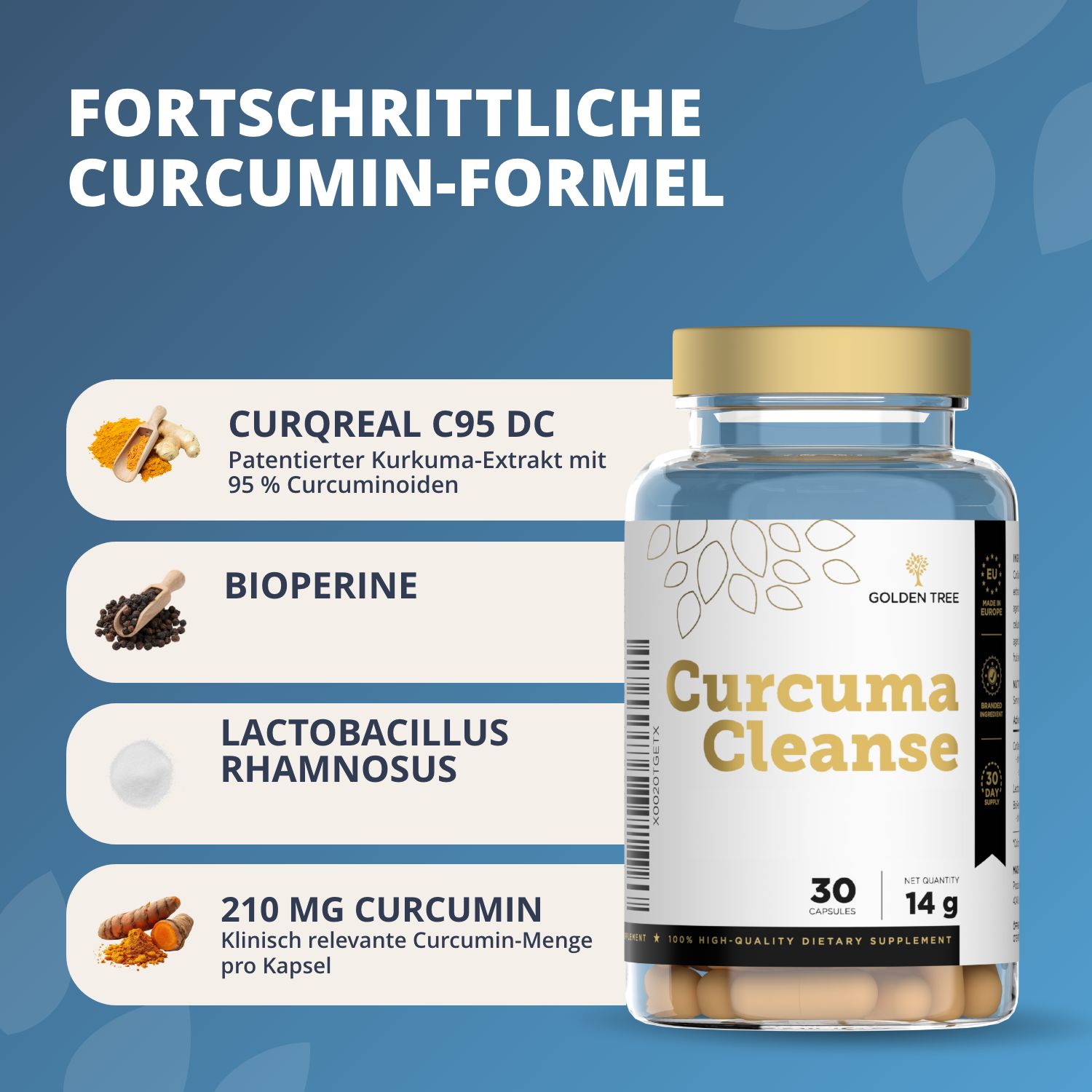 Flasche mit Curcuma Cleanse Kapseln, 30 Stück, 14g. Enthält Curcuma-Extrakt, Bioperine, Lactobacillus Rhamnosus.