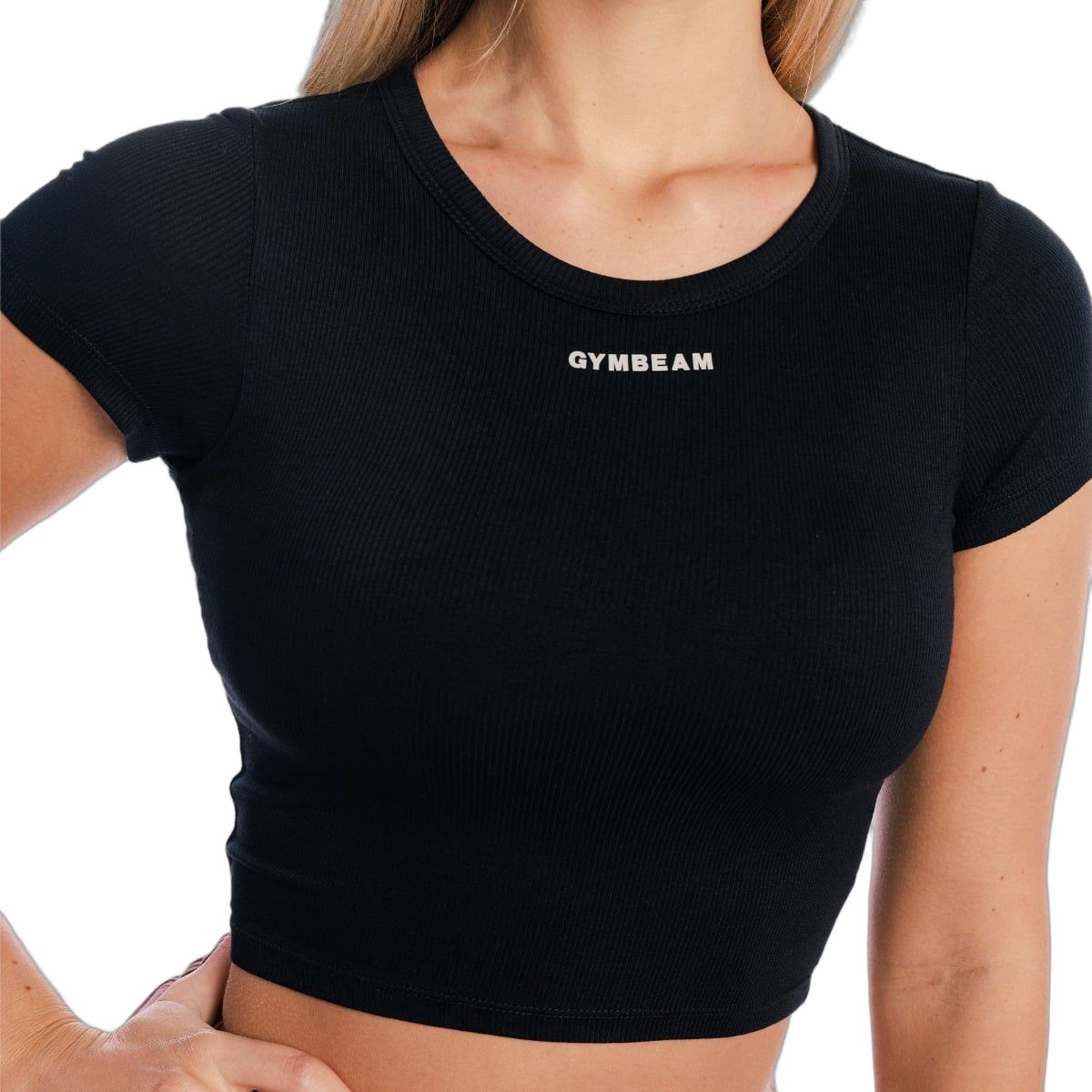 Schwarzes, geripptes Crop-Top mit kurzem Arm und Rundhalsausschnitt. Dezentes Logo auf der Brust.