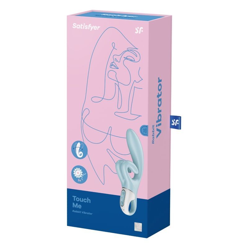 Rosa-blaue Verpackung. Enthält einen blauen Vibrator. Text: Satisfyer, Vibrator, Touch Me.