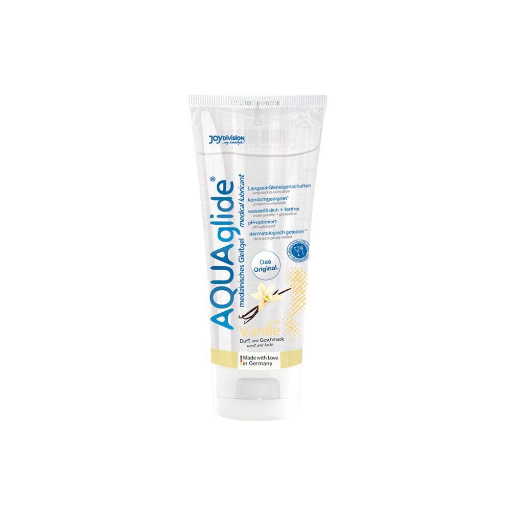 AQUAglide Vanille Gleitgel in Tube. Text: Langzeit-Gleiteigenschaften, kondomverträglich, wasserlöslich, pH-optimiert. Made in Germany.