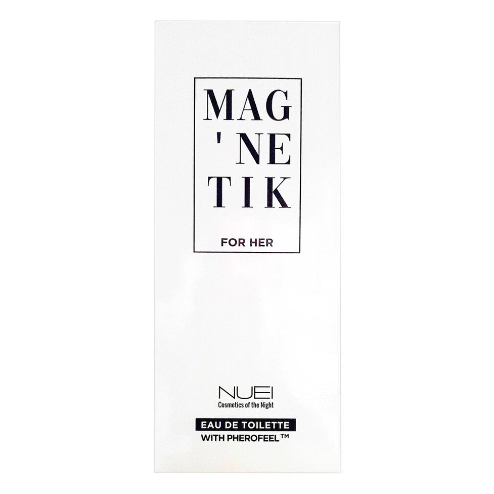 Weiße Verpackung mit schwarzer Aufschrift "MAG'NETIK FOR HER". Darunter "EAU DE TOILETTE WITH PHEROFEEL".