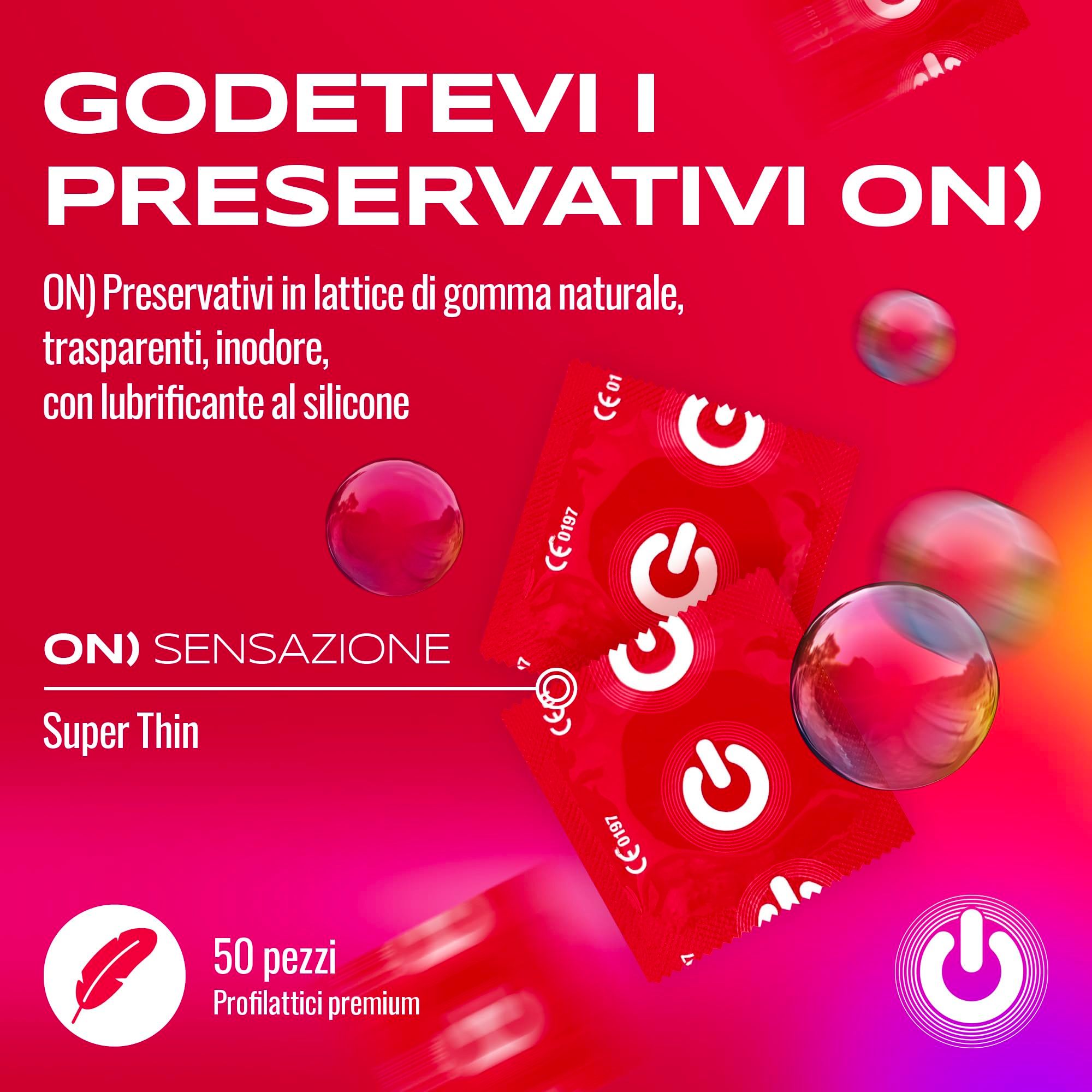 ON) Super Thin Kondome, 50 Stück Packung, aus Naturkautschuk, transparent, geruchlos, mit Silikon-Gleitmittel.