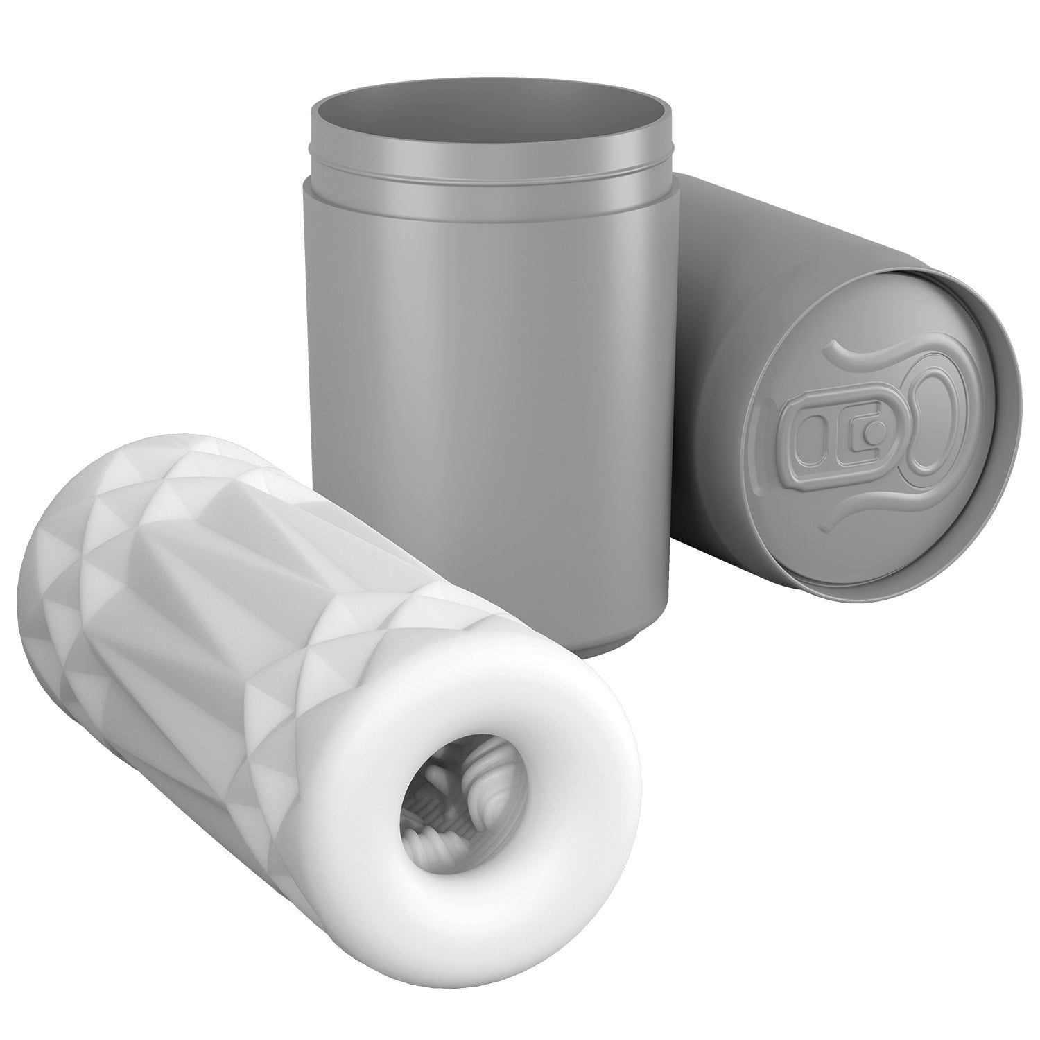Graues, zylindrisches Produkt mit geometrischer Oberfläche, neben zwei grauen Behältern. Der Behälter ist geöffnet.