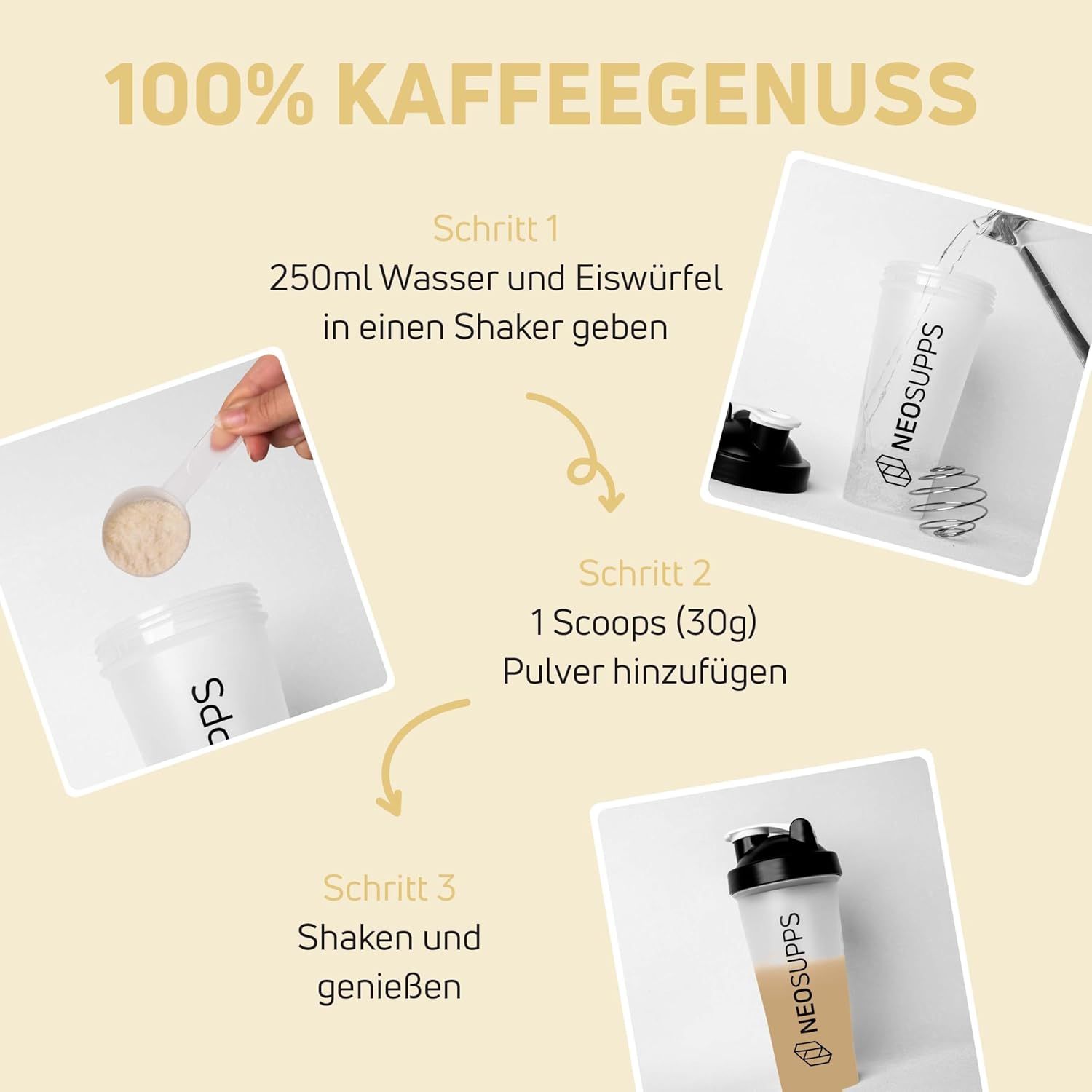 Anleitung zur Zubereitung von Protein Iced Coffee. Schritte: Wasser und Eiswürfel, Pulver hinzufügen, schütteln.