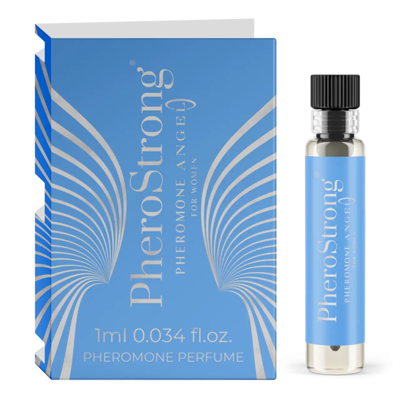 Flakon und Verpackung. Flakon mit schwarzem Verschluss. Blaue Verpackung mit Produktnamen und Text.