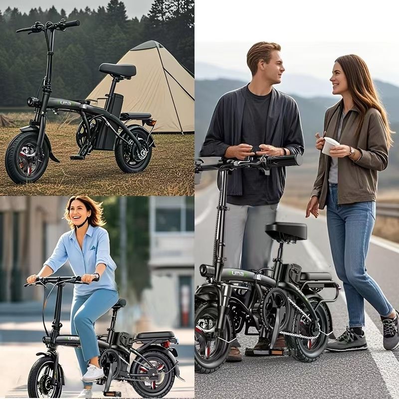 Mehrere Szenen mit dem Elektrofahrrad. Personen fahren und halten das Fahrrad. Hintergrund: Natur und Stadt.