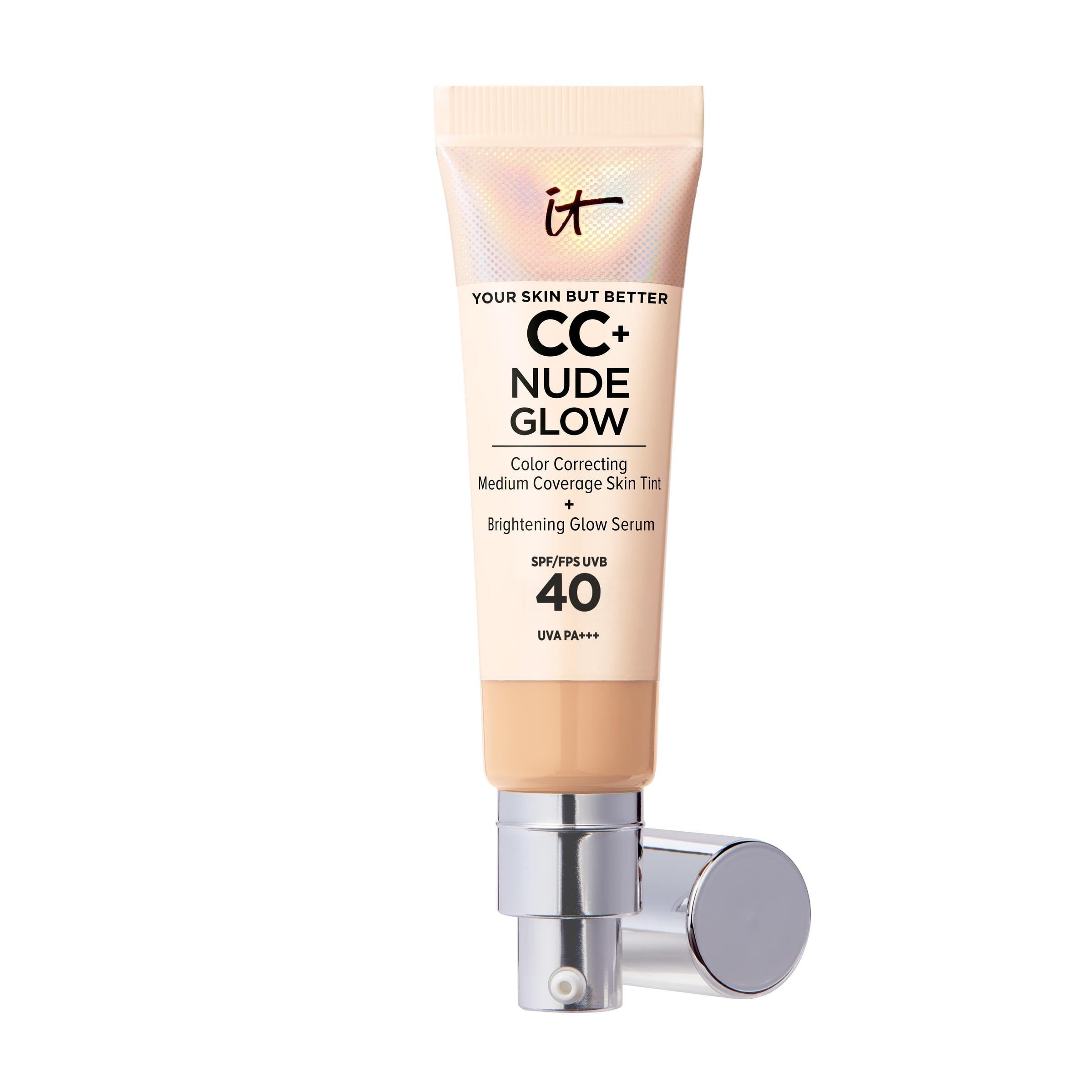 Tube IT Cosmetics CC+ Nude Glow SPF40. Beige Farbton, silberne Kappe. Text: CC+ Nude Glow, SPF 40.