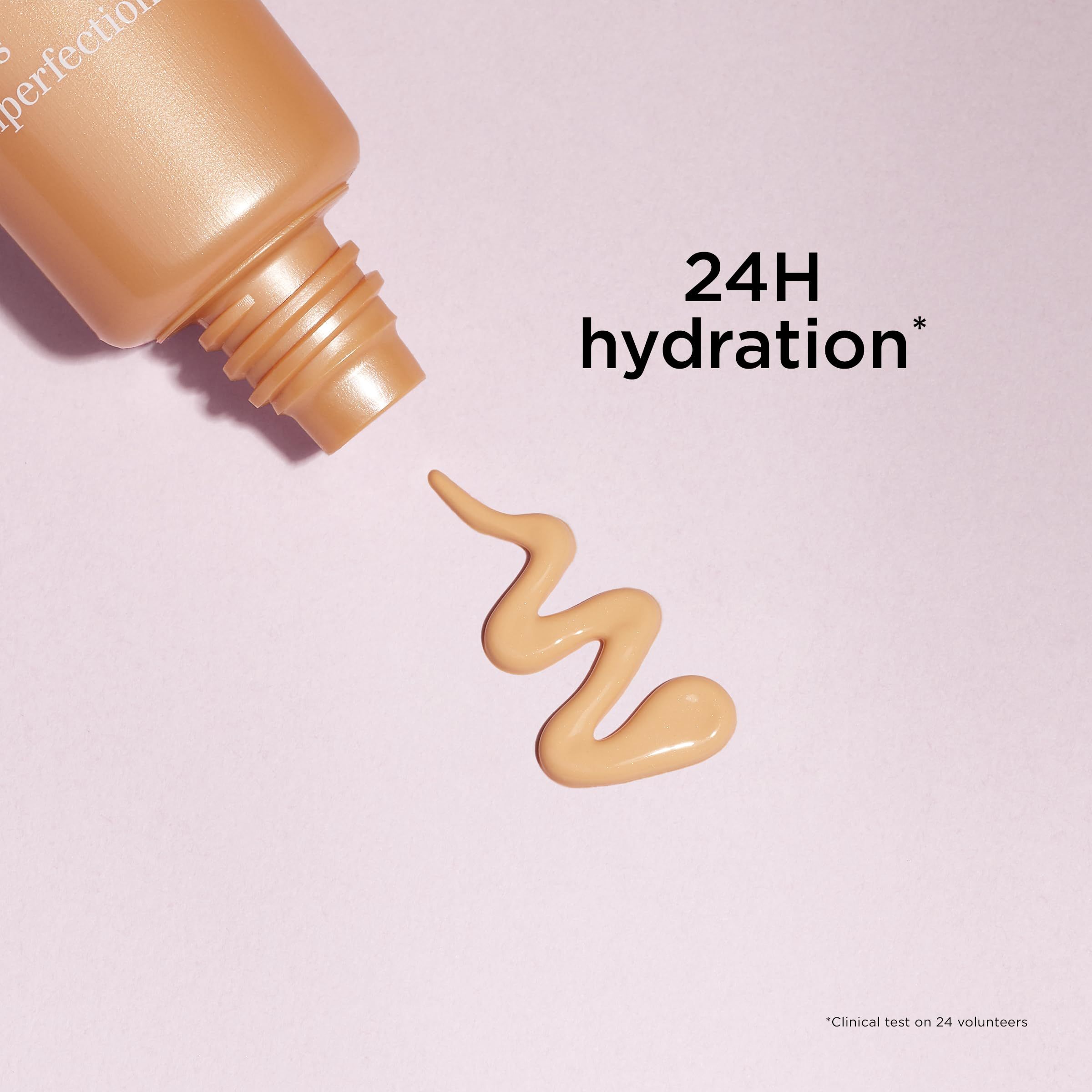 Beige Produkt wird aus Tube gedrückt. Text: 24H hydration*. *Klinischer Test an 24 Freiwilligen.