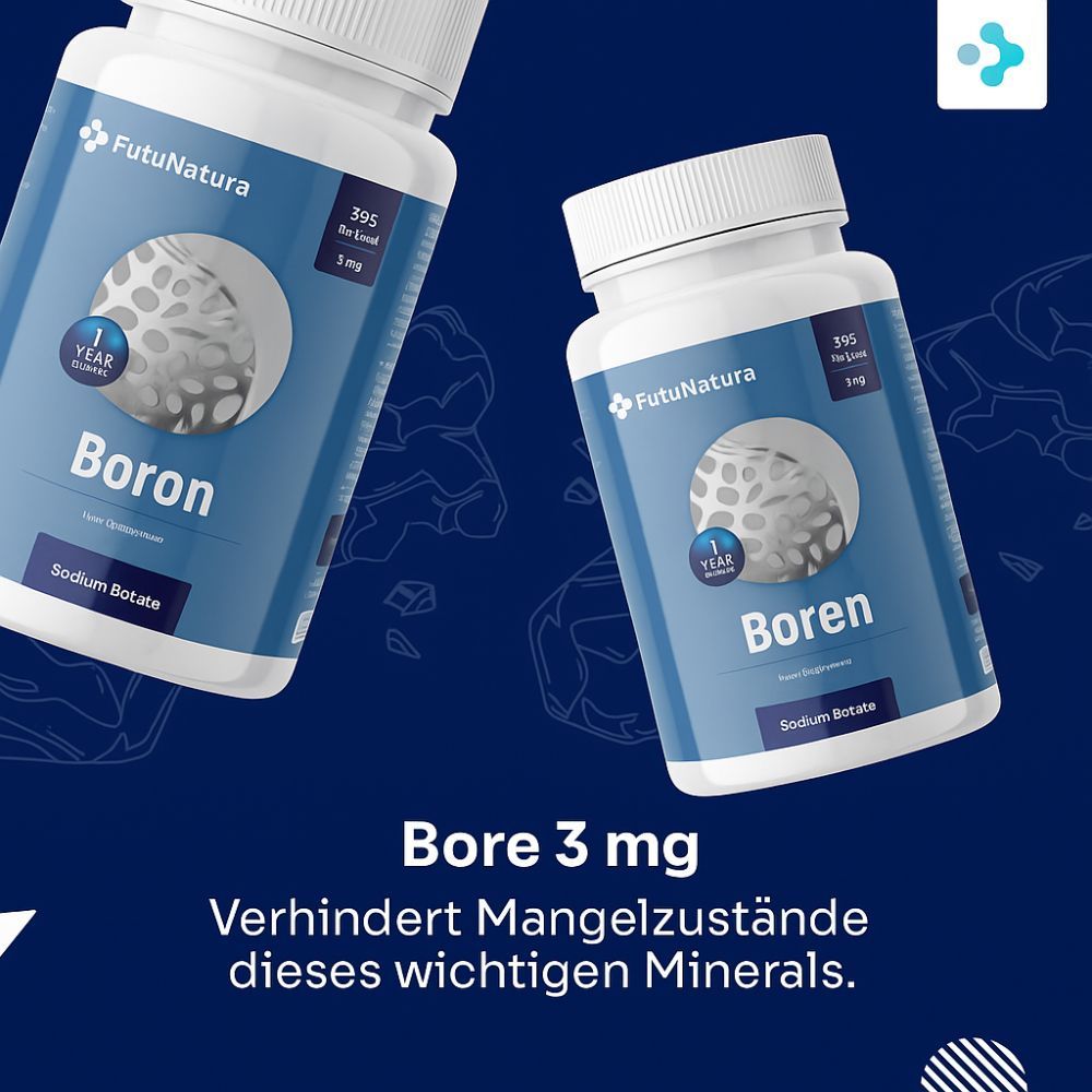 Zwei weiße Flaschen mit blauem Etikett. Aufschrift: FutuNatura Boron 3 mg, 395 Tabletten. Text: Bore 3 mg.